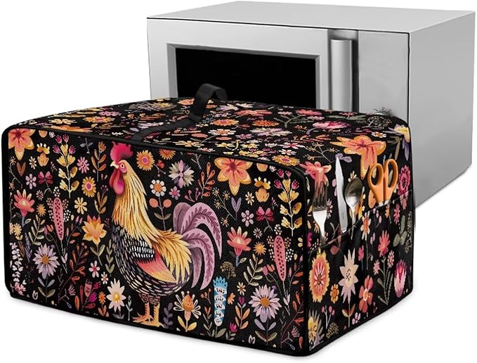 Microwave Oven Cover Air Fryer Toaster Oven Dust Cover with Accessory Pockets, Stain-resistant Small Electric Appliance Protector for Kitchen, S, Rooster Chicken Floral Black