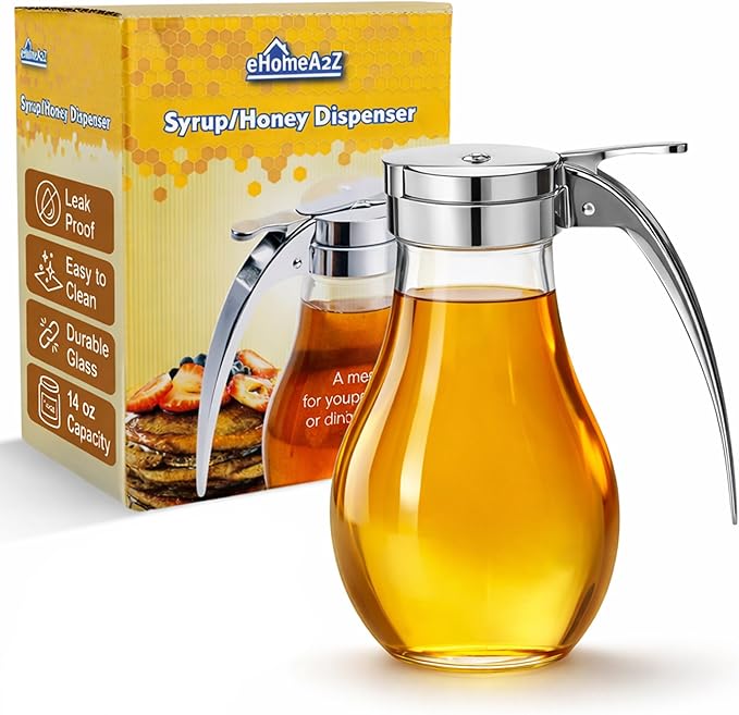EHOMEA2Z Glass Honey Dispenser, 14 oz Syrup Dispenser with Metal Top, Maple Syrup Dispenser for Kitchen & Dining Table (1, 14 Oz)