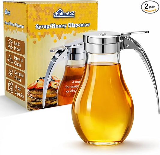 EHOMEA2Z Glass Honey Dispenser, 14 oz Syrup Dispenser with Metal Top, Maple Syrup Dispenser for Kitchen & Dining Table (2, 14 Oz)