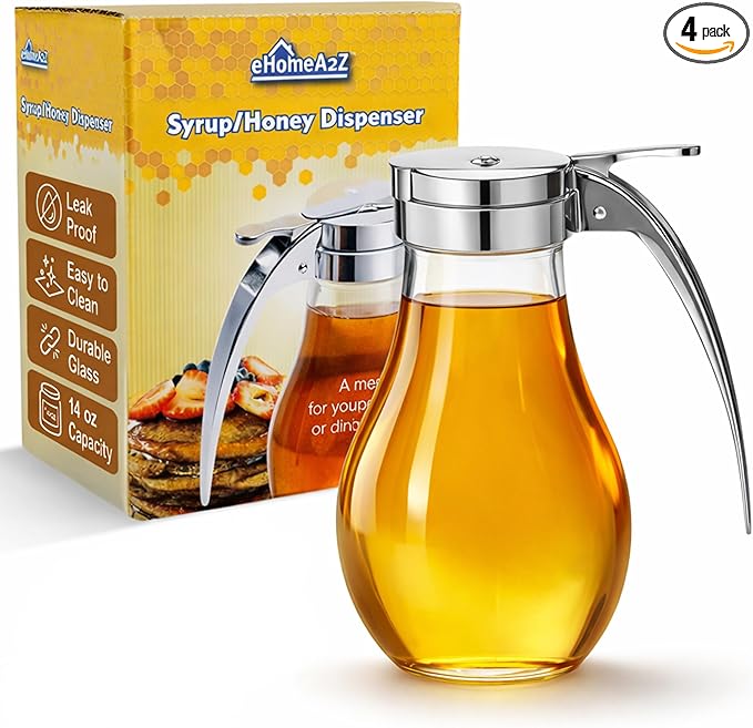 EHOMEA2Z Glass Honey Dispenser, 14 oz Syrup Dispenser with Metal Top, Maple Syrup Dispenser for Kitchen & Dining Table (4, 14 Oz)