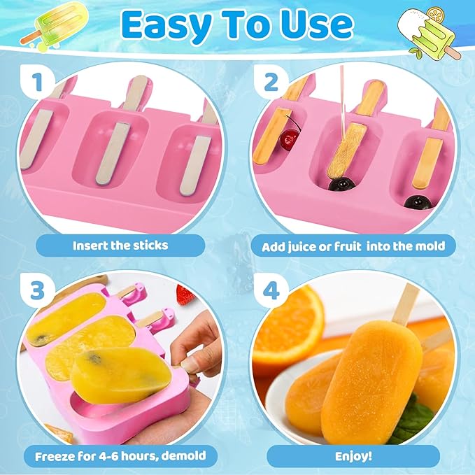 SAYAYA 2 Set Silicone Popsicle Molds with 100 Sticks, Reusable 4 Cavities Homemade Cake Pop & Cakesicle Mold for DIY Ice Cream, Ice Pop, Easy Release & Dishwasher Safe for Kids Family (Pink & Purple)