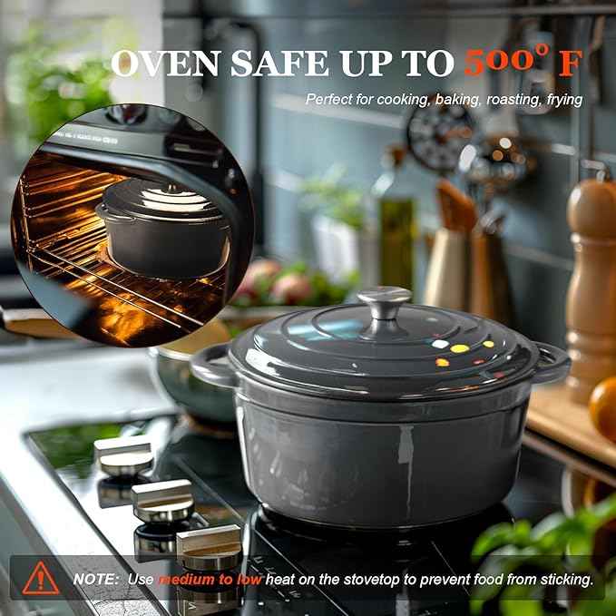Overmont Enameled Cast Iron Dutch Oven - 7QT Pot with Lid Cookbook & Cotton Potholders - Heavy-Duty Cookware for Braising, Stews, Roasting, Bread Baking grey