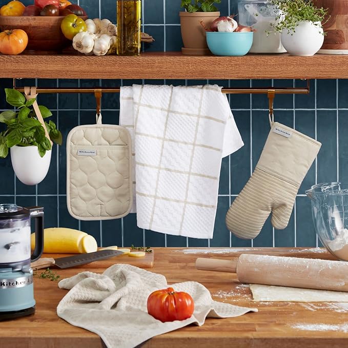 KITCHENAID Quilted Cotton Terry Cloth Oven Mitt, Pot Holder, Kitchen Towel 4-Pack Set, Heat Resistant, Silicone Grip, 16"x26", 7"x13" & 7"x10", Milkshake