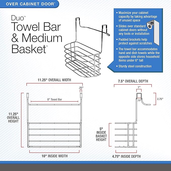 Spectrum Duo Over Cabinet Towel Holder and Cabinet Basket Medium for Kitchen Towel Under Sink Storage, Durable Steel Over the Cabinet Door Towel Bar Organizer with No Drill Installation, Chrome