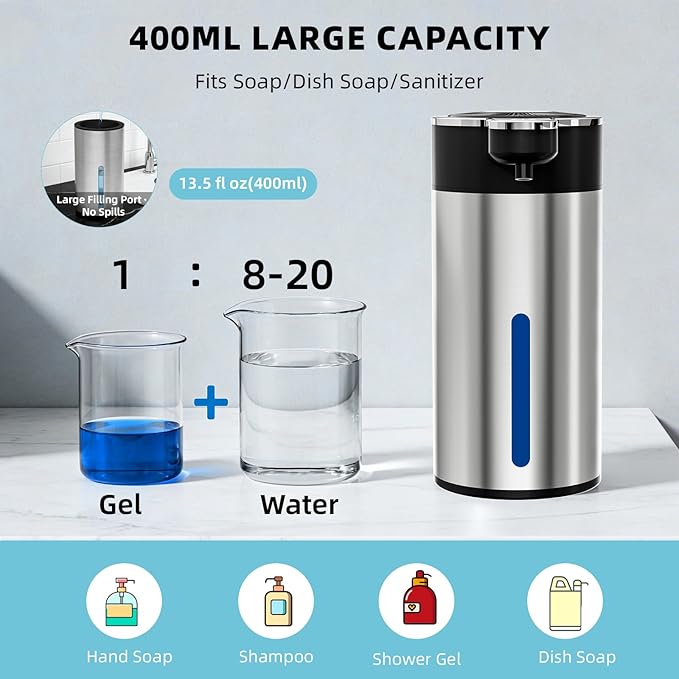Automatic Liquid Soap Dispenser Touchless, 304 Stainless Steel Bottle Body & 13.5oz/400ml Rechargeable, 4 Adjustable Liquid Levels, IPX5 Waterproof,Level Display for Bathroom Kitchen