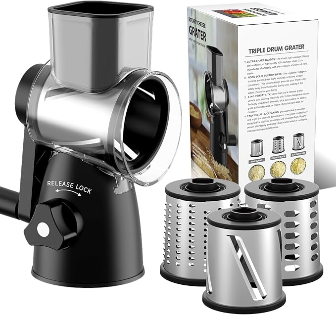 JIUMEXES Rotary Cheese Grater Hand Crank with 3-in-1 Blades – Fast, Safe & Effortless Grating, Perfect for Cheese, Vegetables & Chocolate, BPA-Free, Stable Suction Base