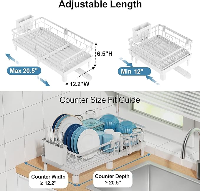 GSlife Expandable Dish Drying Rack for Kitchen Counter, Compact Space-Saving Dish Rack with Drainboard, Rustproof Dish Drainer for Small Kitchen, Apartment, RV, 12.2" W x 12"-20.5" L, White