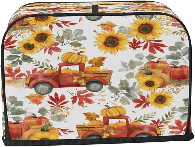 4 Slice Fall Toaster Cover,Thanksgiving Farm Truck Sunflower Small Kitchen Appliance Bread Machine Cover with Pockets,Dust & Fingerprint Protection