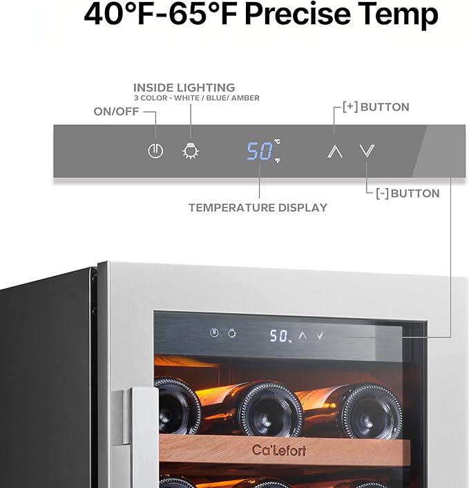 Ca'Lefort 15 Inch Wine Fridge, 33 Bottle Wine Cooler Refrigerator, 40-65°F Wine Refrigerator Glass Door, 3 LED Wine Fridge, Built-in or Freestanding Fridge for Home/Bar/Kitchen (3.0 cu.ft)