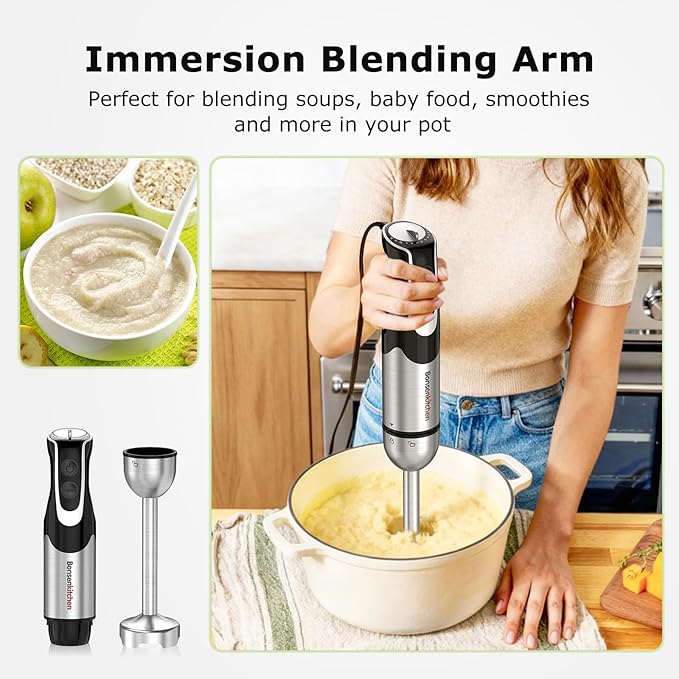 Bonsenkitchen 4-in-1 Immersion Blender Handheld with Food Processor, 12 Speeds Hand Blender with Turbo Mode, Stainless Steel Blade, Egg Whisk, Beaker & Chopper Bowl, Stick Mixer for Smoothie, Puree