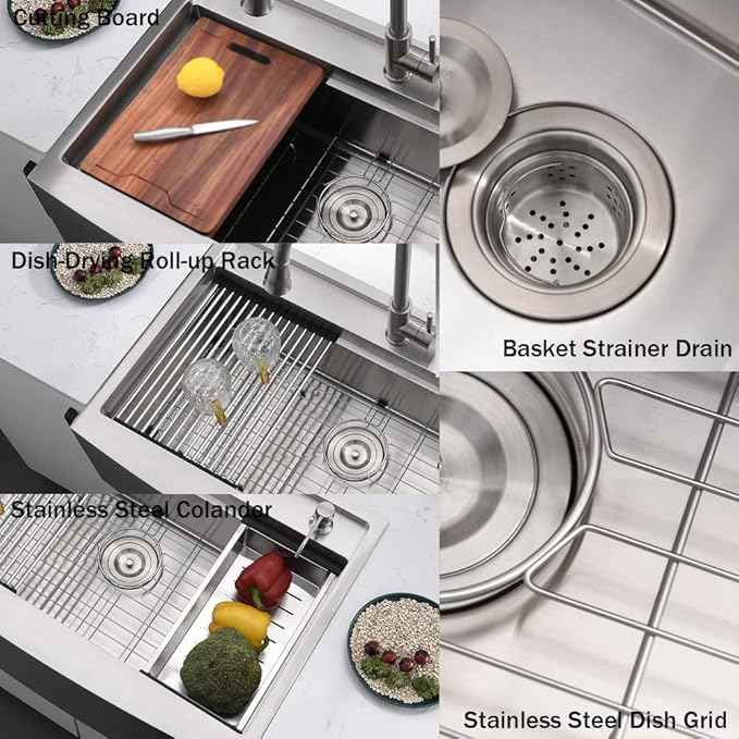 33 Inch Farmhouse Sink Splash Guard Waterfall Workstation - VOKIM 33x22 Inch Apron Front sink Single Bowl Stainless Steel 16 Gauge Farm Sink With Multifunctional Top Loading Flying Rain