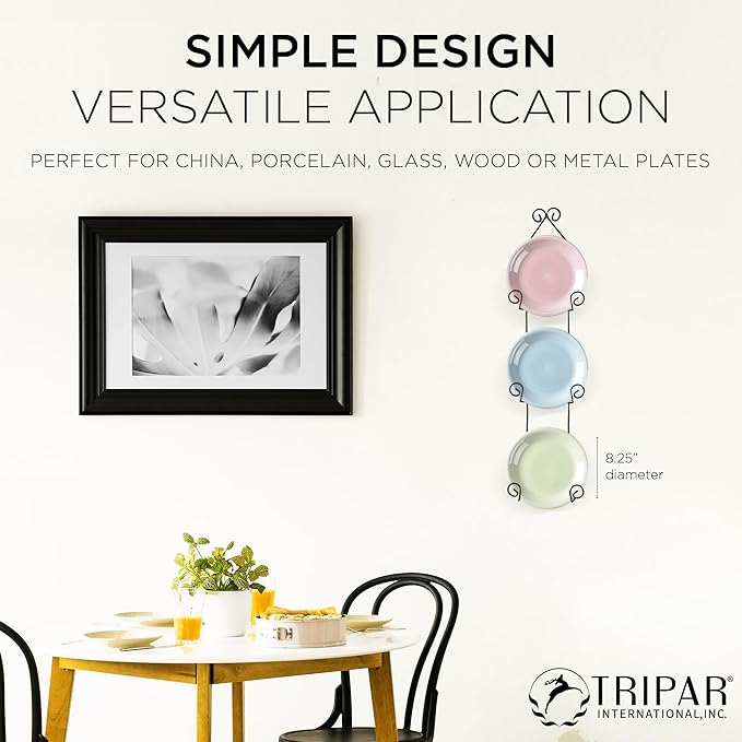 TRIPAR Vertical Wall Plate Rack, Black Display (3 Tiers) - Lightweight & Durable - Contains 3 Non-Adjustable Brackets - Elegantly Display Plates, Tiles, Artwork, & More