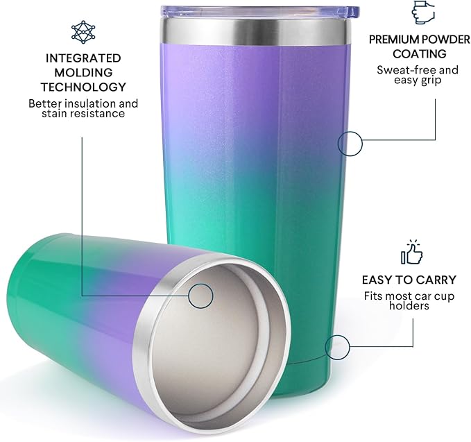 Volhoply 20oz Stainless Steel Tumbler with Lid and Straw,Double Wall Insulated Travel Ice Coffee Mug Fits Cup Holder,Powder Coated Cups for Hot and Cold Drinks,Gifts for Women Men（Purple Green,1 Set）