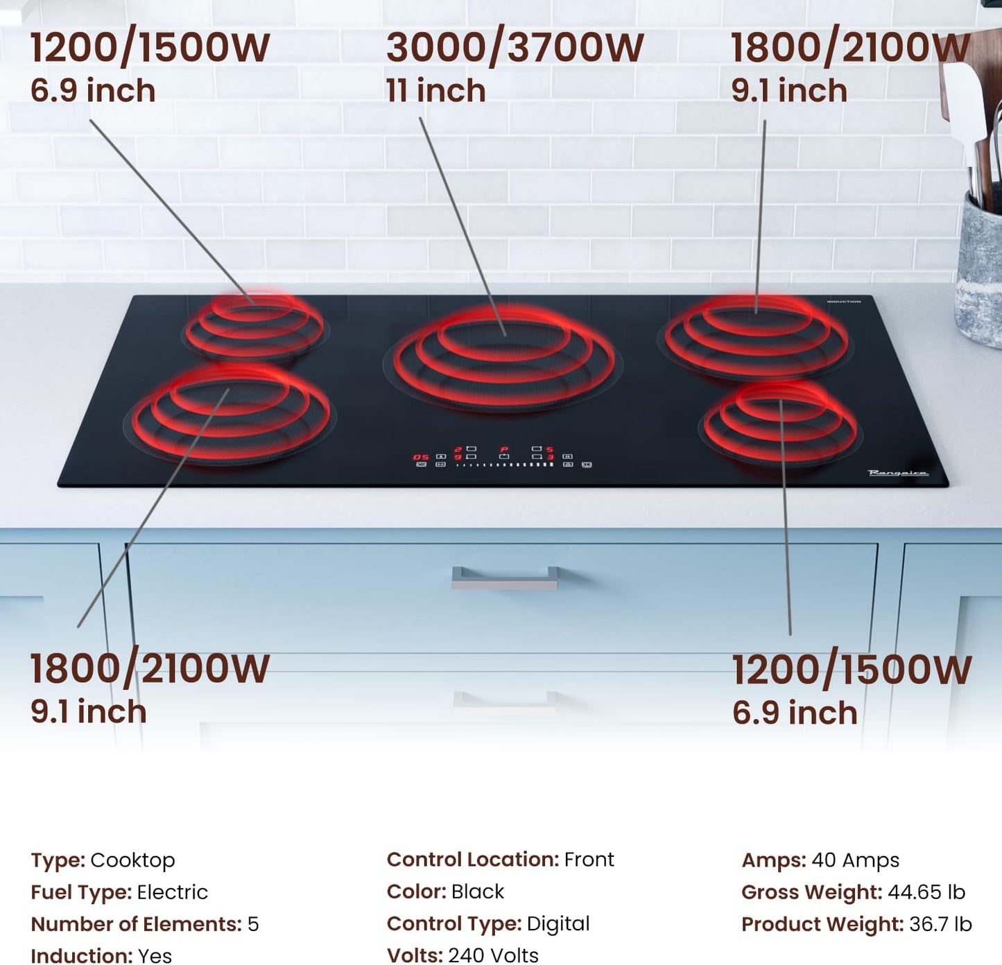 RCI361S 36" Induction Cooktop, 10900W, 5 Burners, Built-in Stove Top, Booster & Timer, 9 Power Levels, Slide Touch Control, Child Safety Lock, 240V Hard Wire, Ceramic Surface