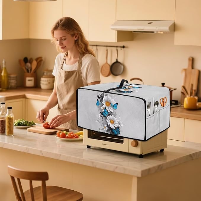 Toaster Oven Cover Dust-Proof Countertop Convection Oven Cover Protective Smart Microwave Oven Accessories and Decor, S, 14.5 x 18.5 x 9 Inches, Daisy Butterfly Gray