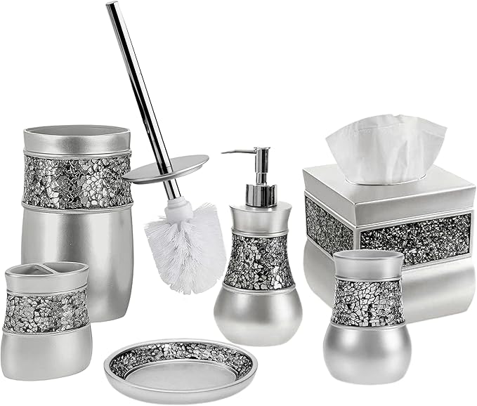 Creative Scents Crackled Glass Toilet Brush with Holder - Silver Toilet Bowl Cleaner Brush and Holder - Good Grip, Deep Cleaning, Decorative Design Compact Toilet Bowl Scrubber