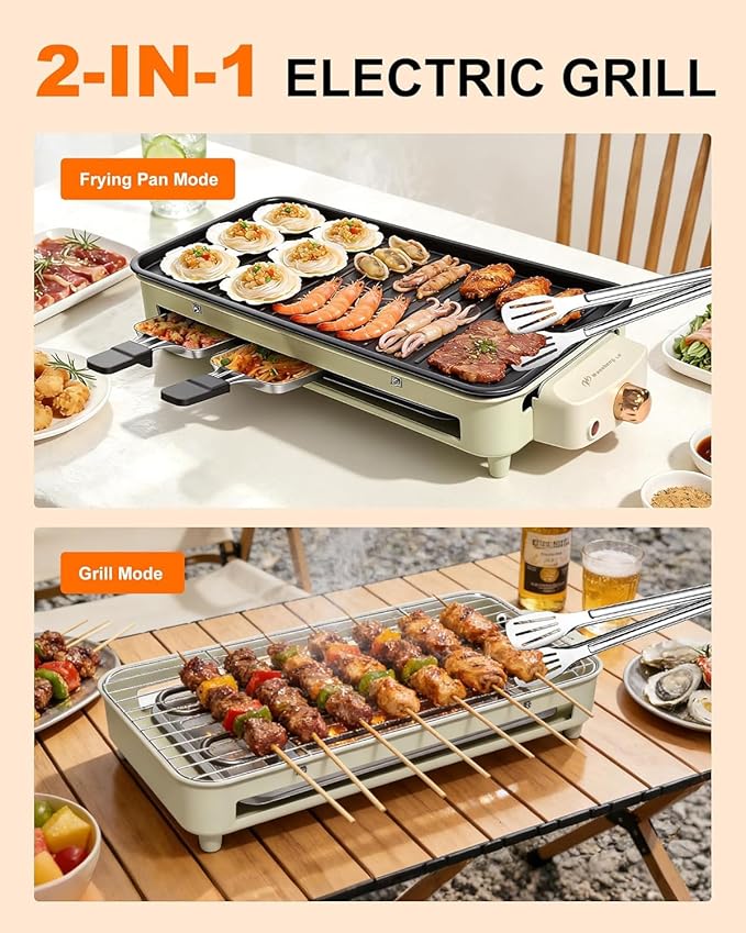 1500W Electric Indoor Grill, 3 in 1 Smokeless Korean Barbecue Grill with Net & Non-Stick Removable Plate and Velcro, Temperature Control & Dishwasher Safe, Smokeless Korean BBQ for Kitchen Party