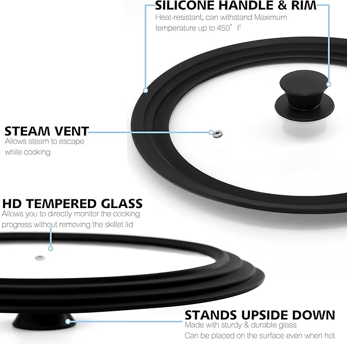Anaeat Silicone Universal Lid for Pots, Pans and Skillets - Tempered Glass Covered with Heat Resistant Silicone Rim Fits 6", 7" and 8" Diameter Cookware -Easy to Use Replacement Frying Pan Cover