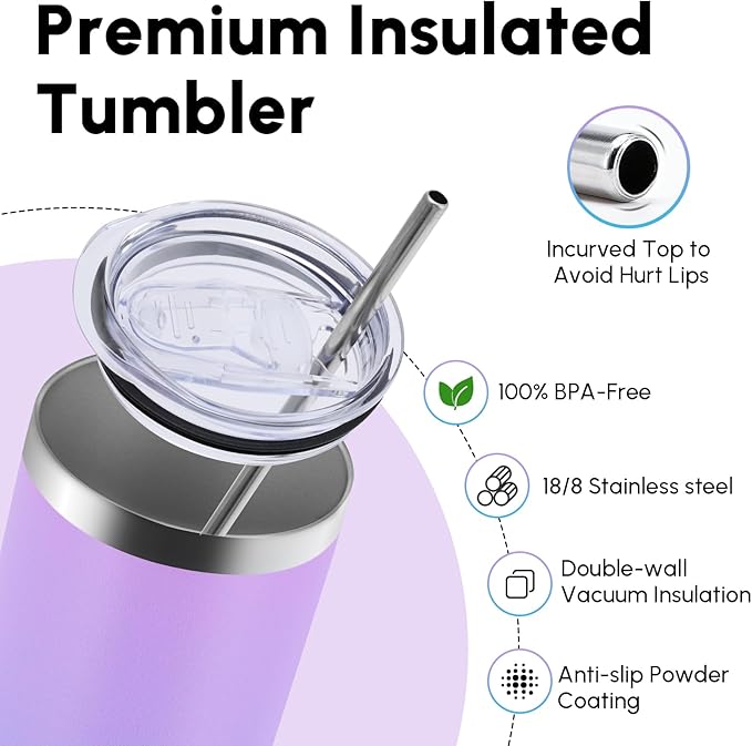 Volhoply 20 oz Skinny Tumbler with Lid and Straw, Stainless Steel Straight Tumblers Cup, Vacuum Insulated Coffee Mug for Home, Office, Travel, DIY (Lavender,1 Pack)