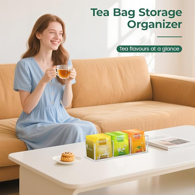 EsLuker.ly Tea Bag Holder Organizer for Counter Small Acrylic Teabag Caddy Storage, 2 Pack Clear Tea Bar Station Accessories with Easy Access for Kitchen Office Countertop Cabinet Drawer