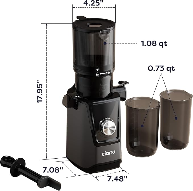 Ciarra Cold Press Juicer - 4.3” XL Feed Chute, Quiet Motor, 406Oz BPA-Free Juicer Machines, 99% Juice Yield Slow Masticating Juicer for Whole Fruits & Vegetables, Easy to Clean