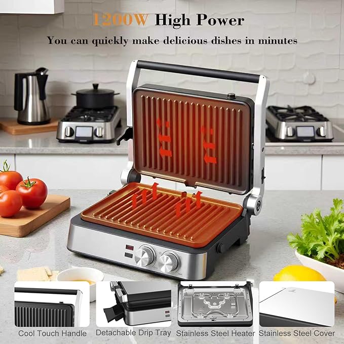 Panini Press,4 Slices Contact Grill with Removable Non-Stick Coated Grill and Flat Plates,Panini Makers with Temperature Control and Timer,Open 180 Degrees,Grill and Griddle (Silver wtih Full SUS)