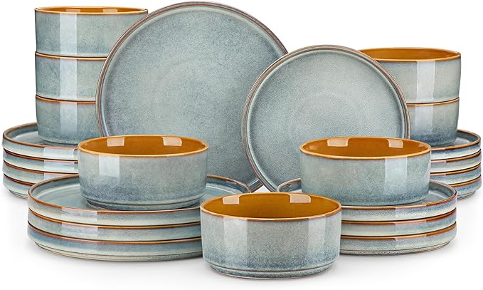vancasso ONION Ceramic Plates and Bowls Sets, 24 Pieces Light Blue Dinnerware Sets for Kitchen, Reactive Glaze Dishes Set for 8, Dishwasher and Microwave Safe