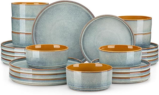 vancasso ONION Ceramic Plates and Bowls Sets, 24 Pieces Light Blue Dinnerware Sets for Kitchen, Reactive Glaze Dishes Set for 8, Dishwasher and Microwave Safe