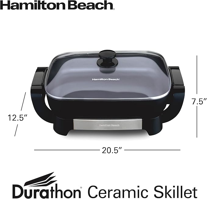 Hamilton Beach Electric Skillet with PFAS-Free Durathon Ceramic Coating, Removable 12x15” Pan, Adjustable Temperature, Reversible Design, Tempered Glass Lid, Black Nonstick Surface (38531)