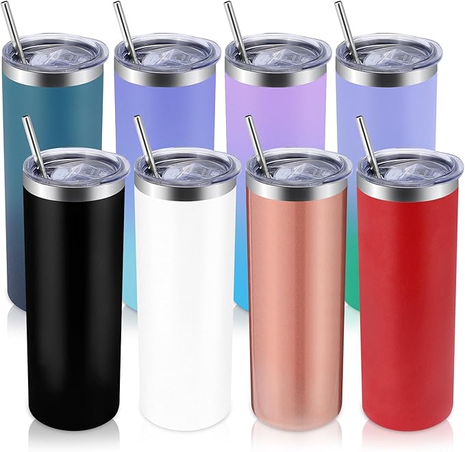 Volhoply 8 Pack Skinny Tumblers with Lid and Straw, 20oz Stainless Steel Straight Tumbler Bulk, Vacuum Insulated Coffee Mug for Home, Office, Travel, DIY (Assorted,8 Pack)