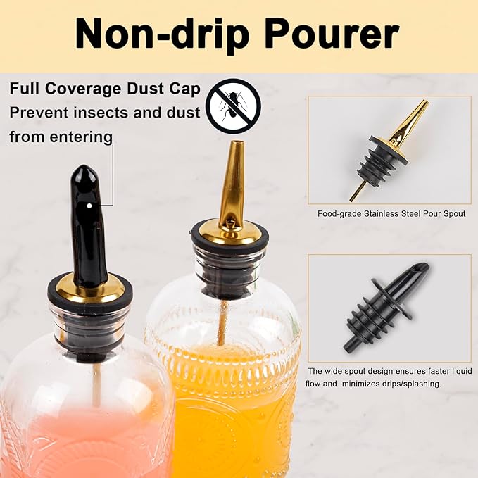 ChezMax Syrup Dispenser Bottles Set of 6, Simple Syrup Bottle for Coffee Bar Accessories, 5oz & 7oz Glass Coffee Syrup Dispenser Syrup Containers for Maple Honey Syrup Oil, Metal Pour Spouts & Labels