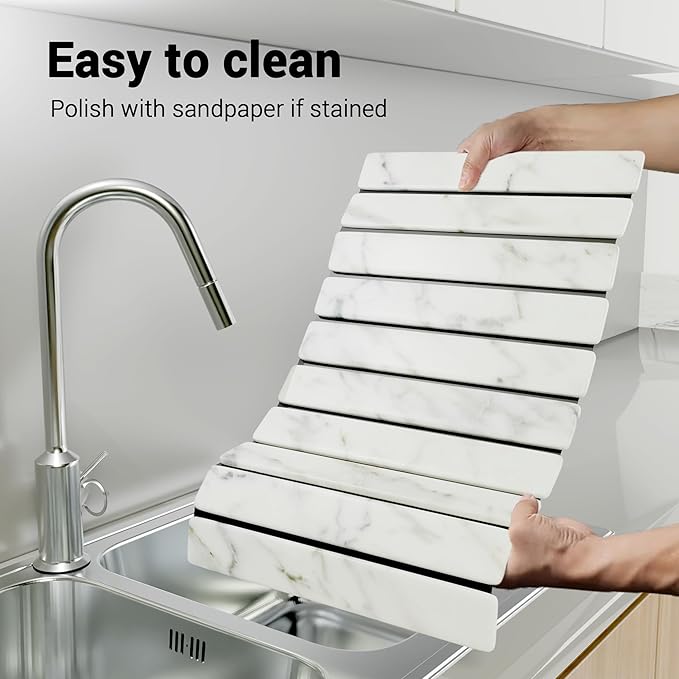 HavenMat – Large Stone Dish Drying Mat (24”x16”) with Bamboo Rack & Brush | Quick-Dry Diatomite Counter Mat for Dishes, Glassware, Plants & Pets | Grey Kitchen Drying Stone (Marble)