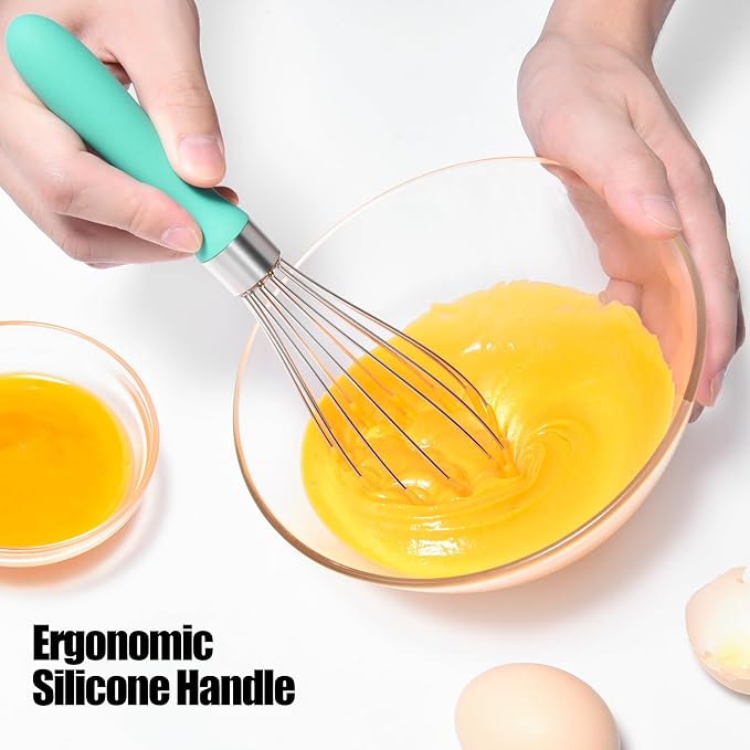18/8 Stainless Steel Balloon Whisk, Doosu Kitchen Whisk for Cooking Handheld Egg Beater with Rust-Proof Sturdy Wires & Non-Slip Silicone Handle for Beating, Stirring, Blending (6 Wires, Aqua Sky)
