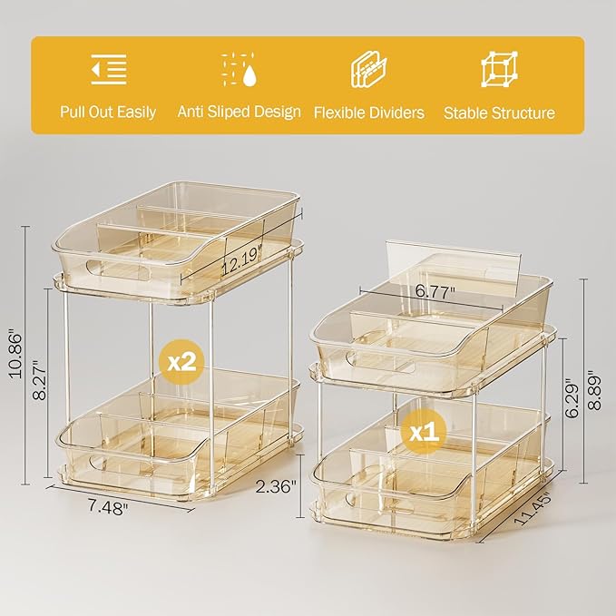 Delamu 2-Tier Under Sink Organizers and Storage, Multi-Purpose Stackable Bathroom Cabinet organizers, Pull Out Kitchen Pantry Organization and Storage with Dividers(3 Pack, Amber)