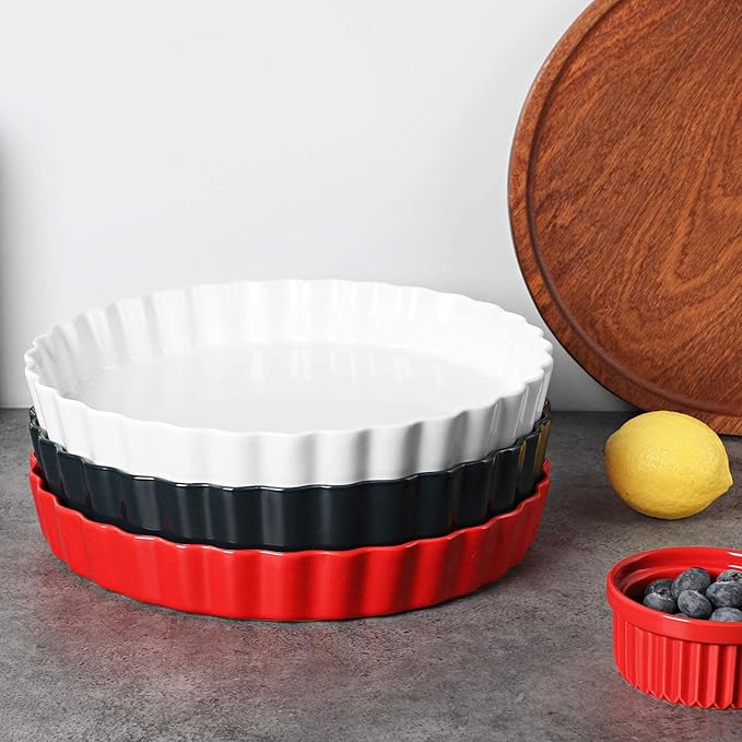 ONTUBE Pie Pans 11 Inches Ceramic Quiche Pans, Round Pie Tins for Baking,Oven Saf (White, 11" x 2 Pieces)
