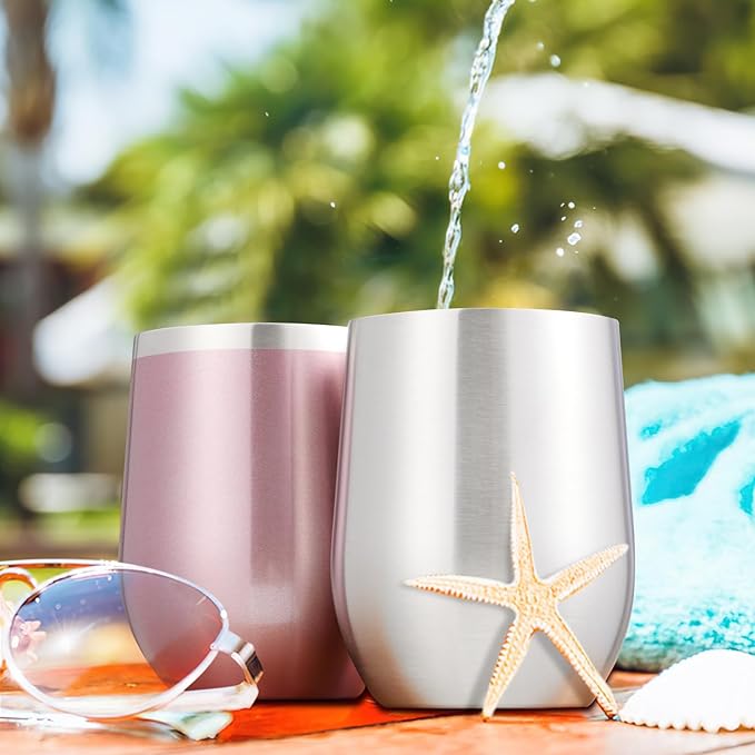 COMOOO Rose Gold Stainless Steel Wine Tumbler Bulk with Lid and Straw 12oz Double Wall Vacuum Insulated Travel Tumbler Cup for Coffee Wine Cocktails Ice Cream Cup Rose Gold, 12 pack