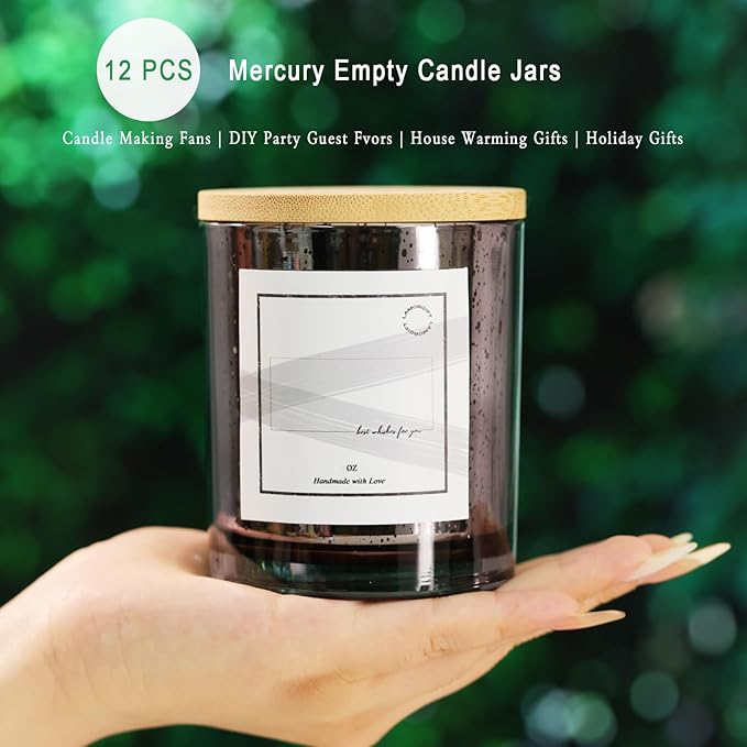 LAMORGIFT 10oz Dark Gray Glass Candle Jars With Lids (12 Pack) - Making Containers Include 15 Pcs Labels - Mercury Glass Jars