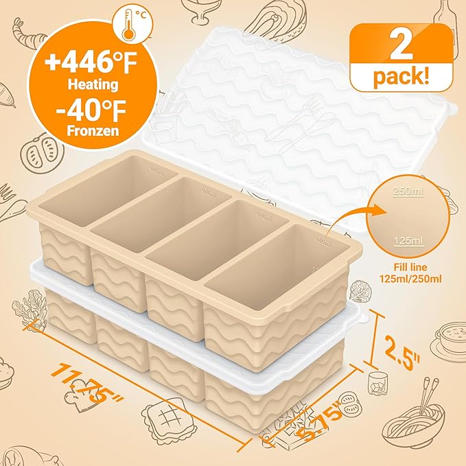 Doasuwish Silicone Freezer Tray for Soup with Lid – 1-Cup Soup Container Cube Style Ice Cube Trays for Freezer, Meal Prep & Food Storage, Freeze 250mL/125mL Portions – 2 Pack