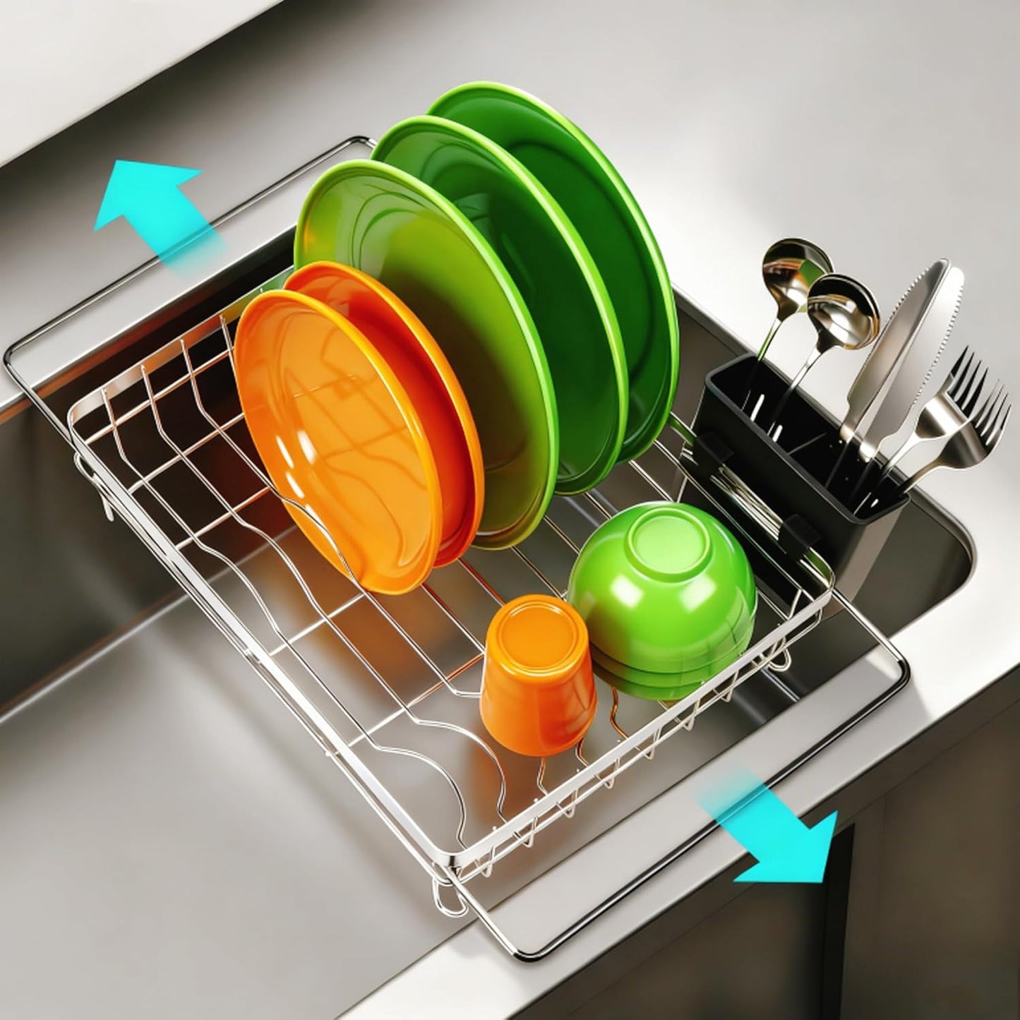 MERRYBOX Sink Dish Drying Rack, Expandable Stainless Steel Dish Drying Rack in Sink/Over The Sink with Large Cutlery Holder for Kitchen Counter(Adjustable 15.4" to 23" cm)