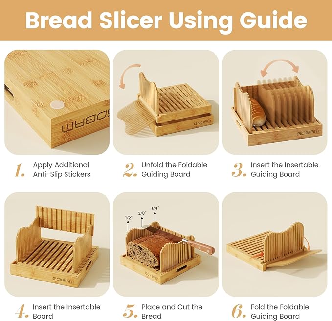 Gobam Adjustable Bamboo Bread Slicer, Fits Bread up to 6.4”H & 10”W, Extra-Large & Tall Design for Sourdough & Homemade Loaves, 3 Thickness Settings, Crumb Tray, Foldable, Ideal Gift for Bread Lovers