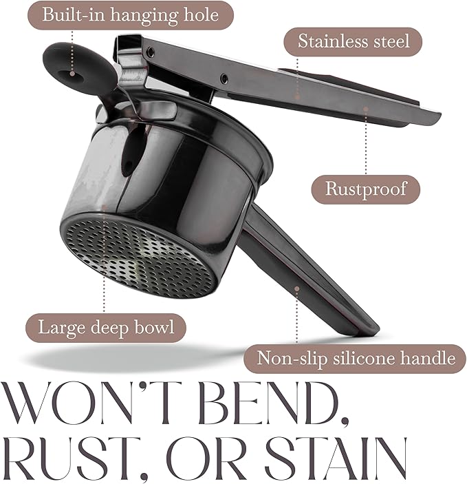 Bellemain 15 oz Black Large Potato Ricer | Heavy-Duty Stainless Steel Potato Ricer & Masher | Perfect for Mashed Potatoes | Ricer Kitchen Tool with Fixed Disc (Metallic Black)