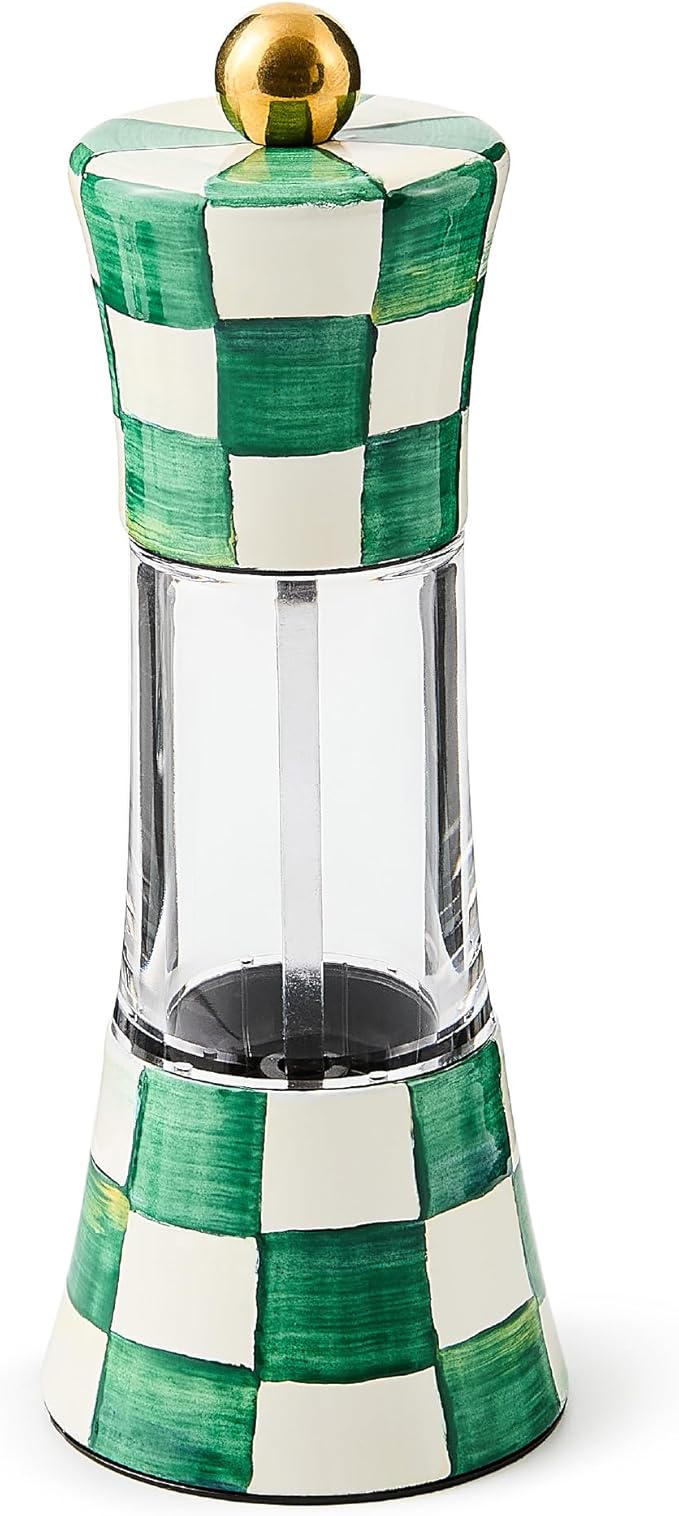 MACKENZIE-CHILDS Enamel Grinder, Refillable Manual Salt and Pepper Grinder, Green-and-White Emerald Check