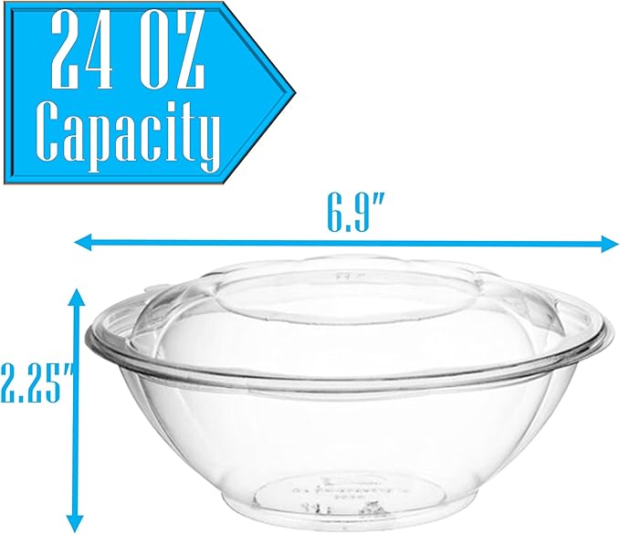 Mr Miracle Clear 24 Ounce Plastic Salad Bowls with Snap-On Lids. 50 Pack. Airtight Disposable Salad Containers for Lunch, Meal Prep, Parties. Ideal as Disposable Salad Bowls with Lids
