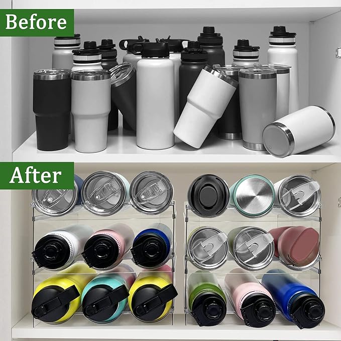 6 Pack Water Bottle Organizer, Stackable Kitchen Home Pantry Organization and Storage Shelf, Plastic Water Bottle Holder for Kitchen Cabinet Storage, Wine Tumbler Travel Mug Cup Organizer