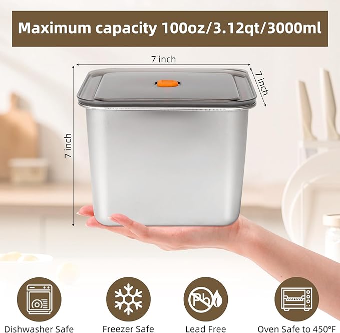 2 PCS Stainless Steel Food Storage Containers(100oz) with Lids Leak Proof & Airtight | Square Stainless steel freezer Containers,For Meal Prep,Fruit,Snack,Freezer
