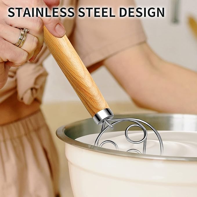 TEEVEA Danish Dough Whisk for Sourdough Bread, Pizza & Pastry - Wooden Handle with Stainless Steel Hook