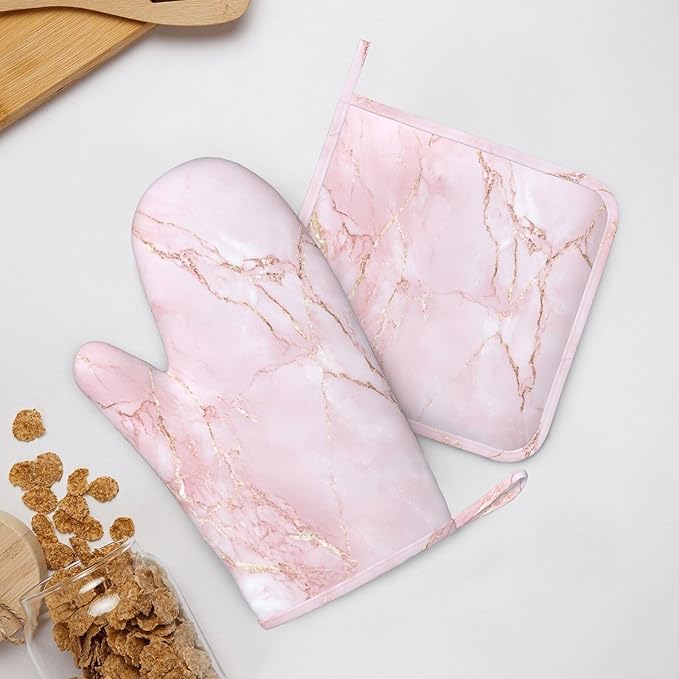 Oven Mitts and Pot Holders Light Pink Marble Art Silicone Kitchen Accessories Set of 4 Heat Resistant Long Gloves Potholder Non-Slip Grip for Chef Cooking Baking Grilling BBQ