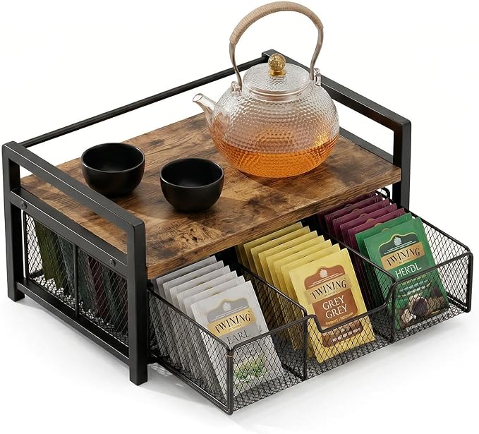 Wood Tea Bag Organizer and Storage Chest | Rustic Brown Tea Station with Drawer & 8 Compartments | Countertop Kitchen Display Box
