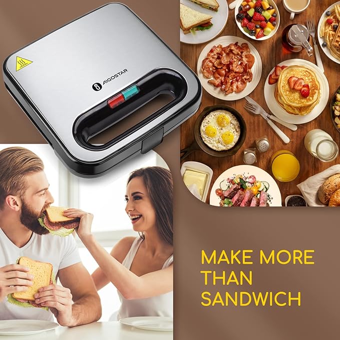 Aigostar Sandwich Maker, Non-Stick Panini Press Sandwich Maker Breakfast Grilled Cheese Maker, Stainless Steel Tostadora de Pan
