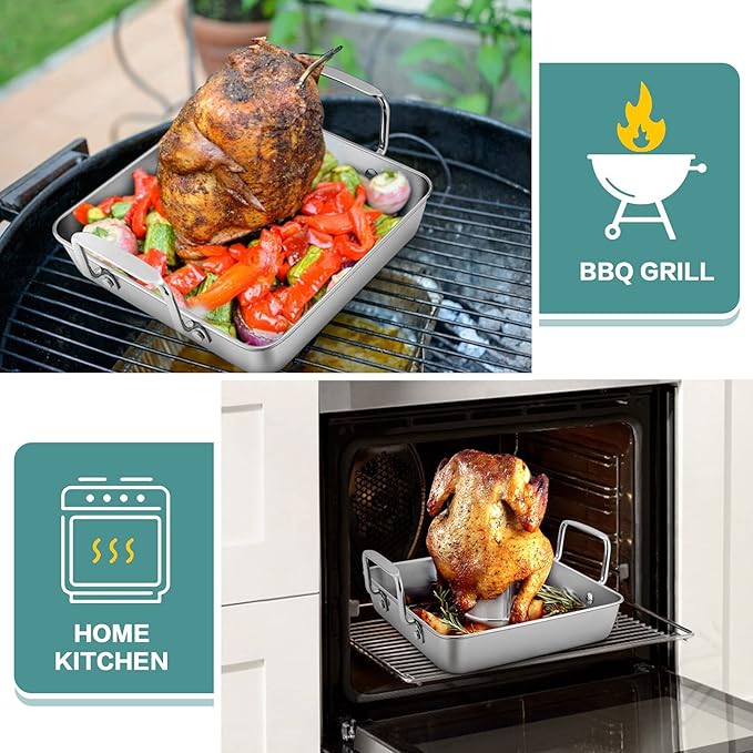 P&P CHEF Beer Can Chicken Holder with Roasting Pan Set, 9-inch Stainless Steel Square Baking Pan and Chicken Rack For Grilling, Heavy Duty & Dishwasher Safe, 4Pcs